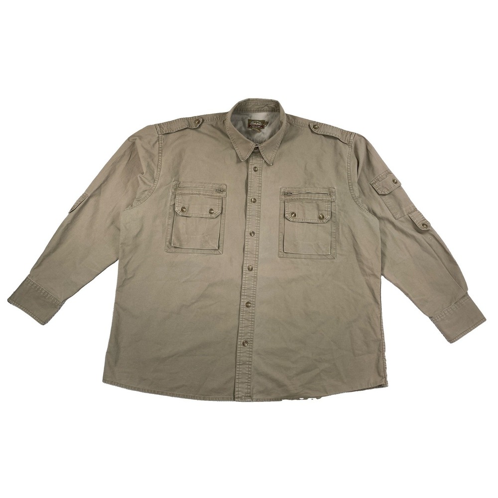 Cabela's Safari Series Canvas Button Up Shirt Men's XL Beige Cotton Zip Pockets